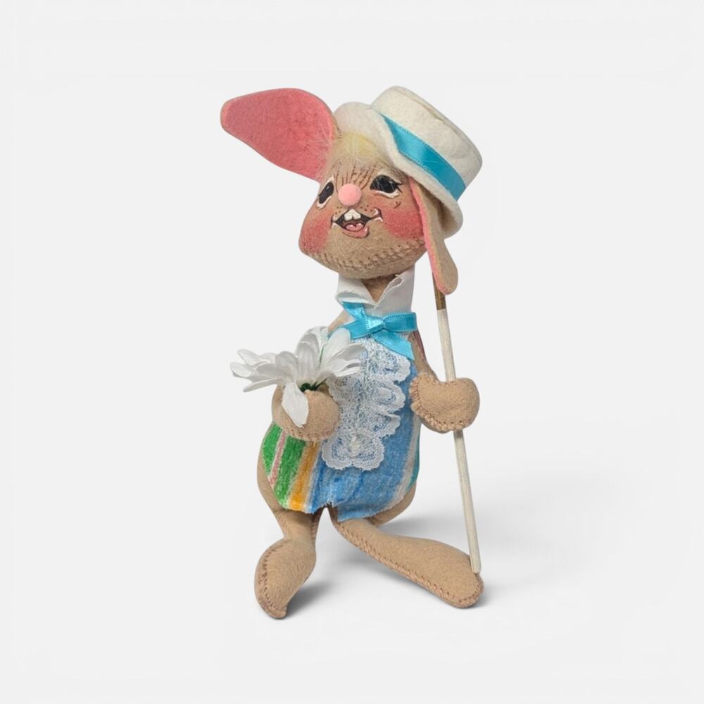 Vintage Annalee Easter Bunny Felt Doll with Hat Cane and Flowers